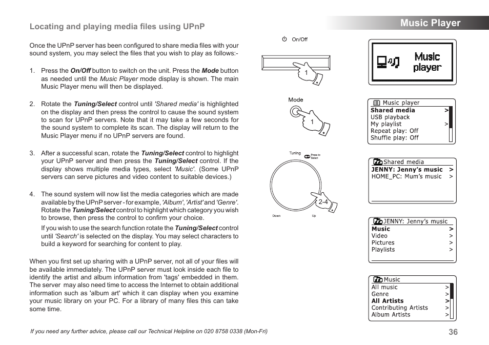 Music player, 36 locating and playing media ﬁles using upnp | Samsung STREAM 83I User Manual | Page 37 / 96
