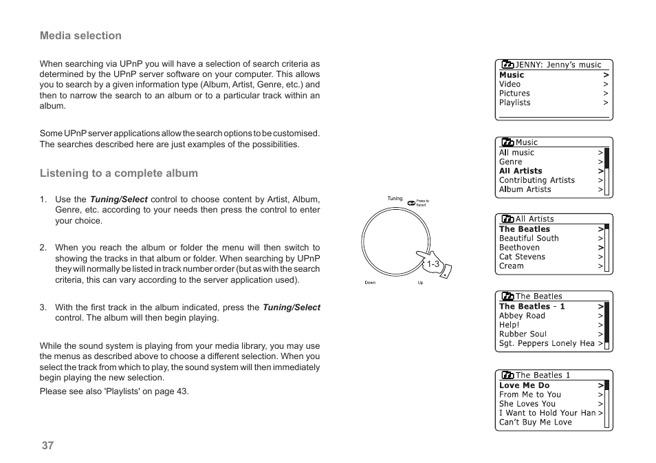 37 media selection, Listening to a complete album | Samsung STREAM 83I User Manual | Page 38 / 96