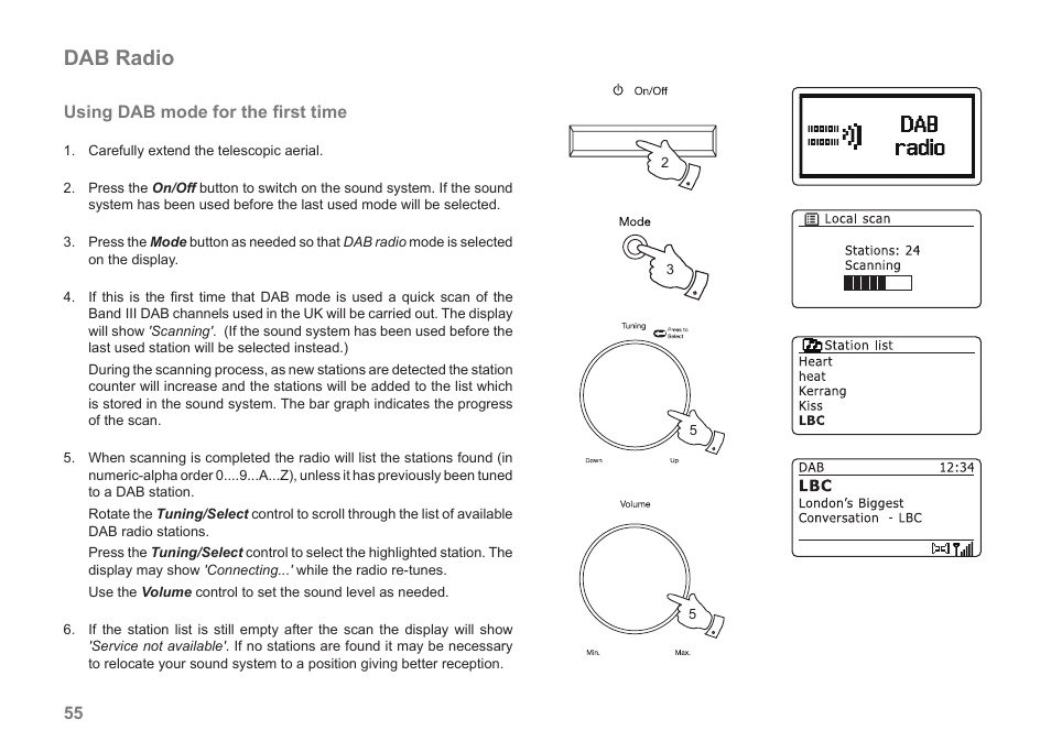 Dab radio, Using dab mode for the ﬁrst time | Samsung STREAM 83I User Manual | Page 56 / 96