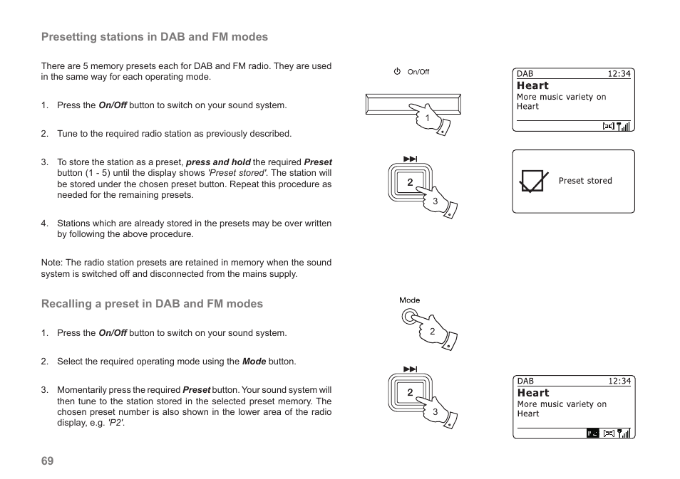 Presetting stations in dab and fm modes, Recalling a preset in dab and fm modes | Samsung STREAM 83I User Manual | Page 70 / 96