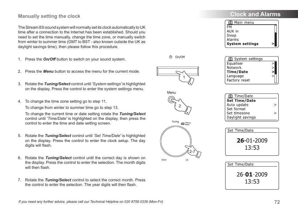 Clock and alarms, Manually setting the clock | Samsung STREAM 83I User Manual | Page 73 / 96