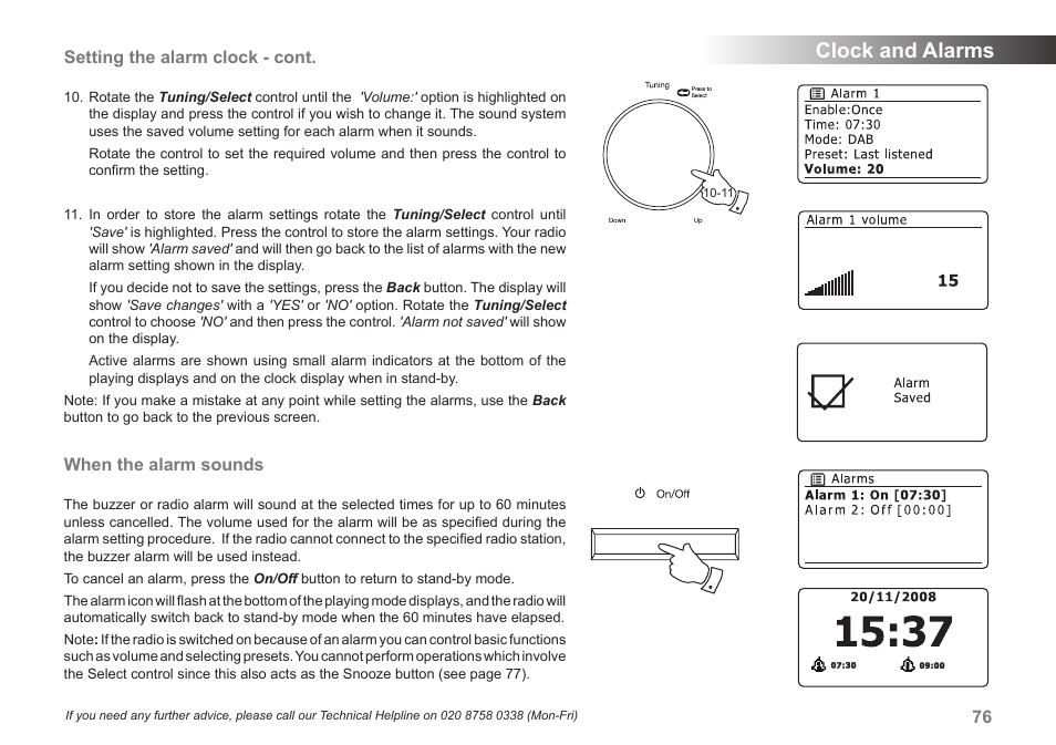 Clock and alarms, Setting the alarm clock - cont, When the alarm sounds | Samsung STREAM 83I User Manual | Page 77 / 96