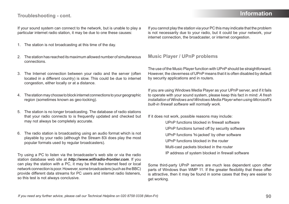 Information, Troubleshooting - cont, Music player / upnp problems | Samsung STREAM 83I User Manual | Page 91 / 96