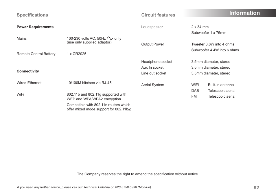 Information, Speciﬁcations, Circuit features | Samsung STREAM 83I User Manual | Page 93 / 96