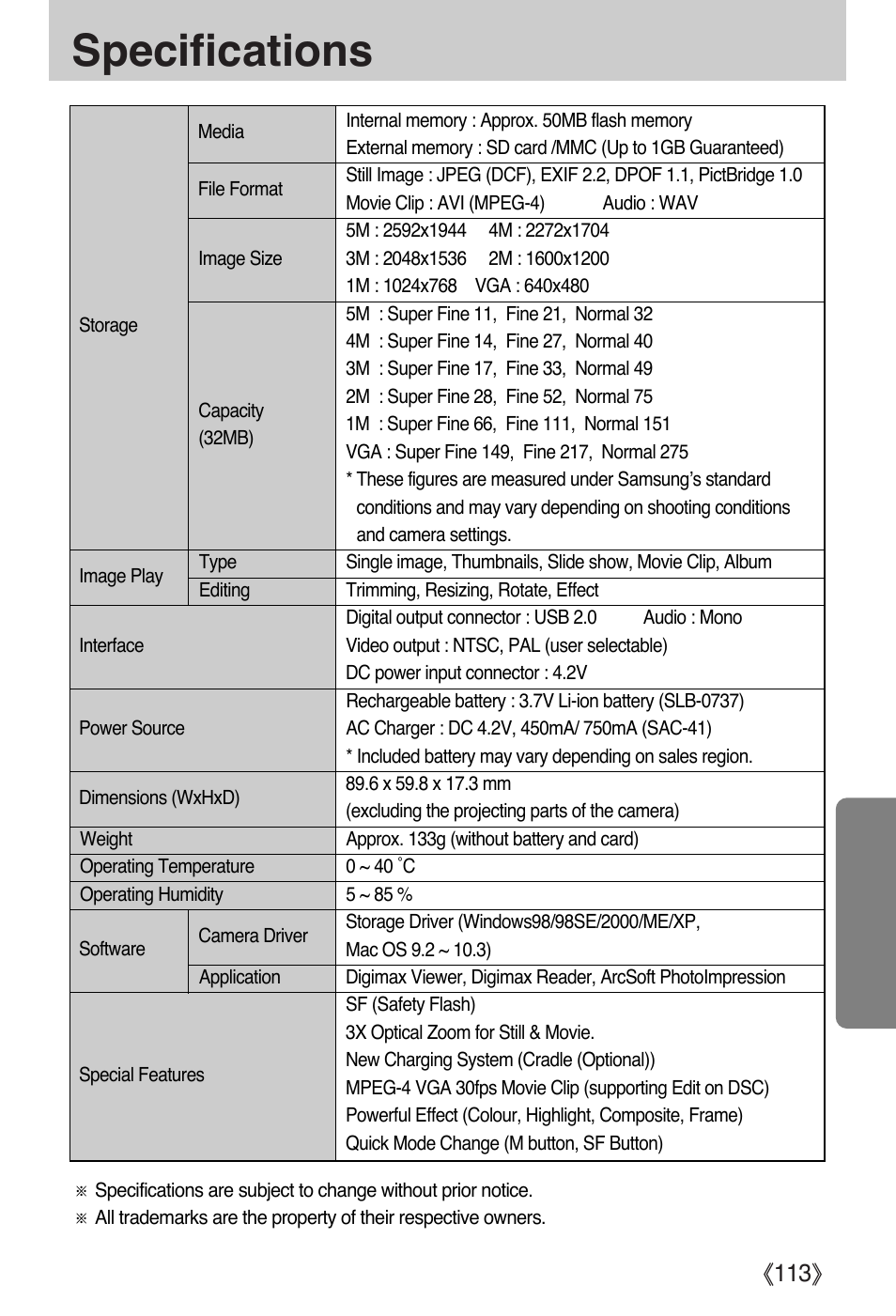 Specifications | Samsung Digimax i5 User Manual | Page 113 / 148