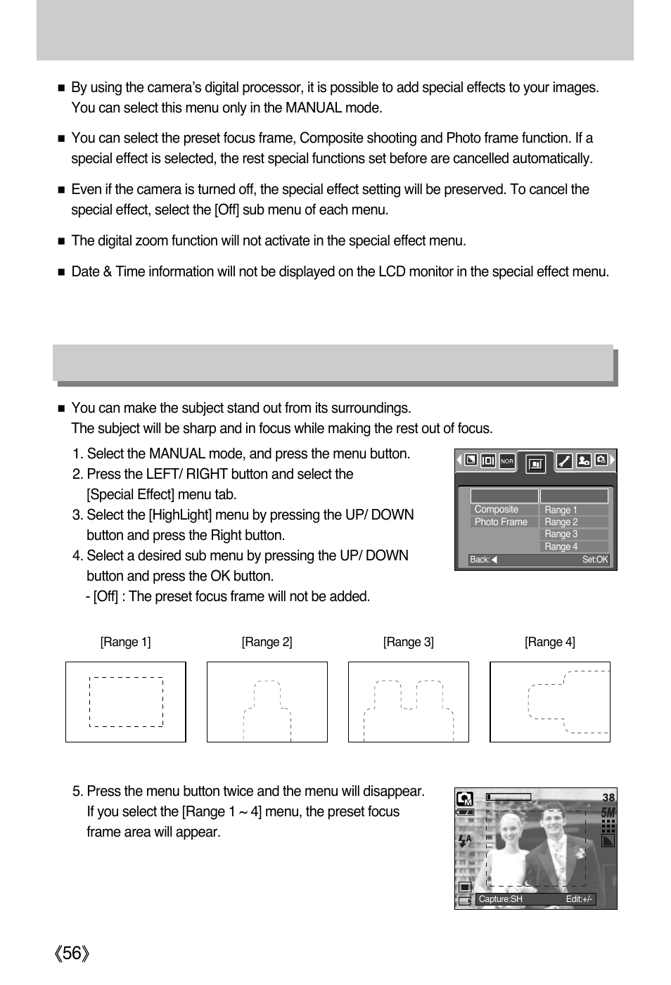 Special effect, Special effect : preset focus frames | Samsung Digimax i5 User Manual | Page 56 / 148