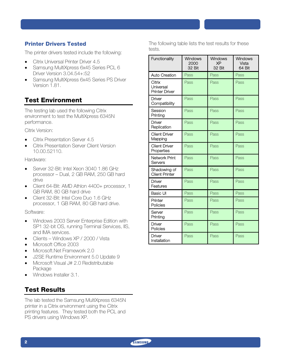 Test environment, Test results | Samsung 6345N User Manual | Page 2 / 10