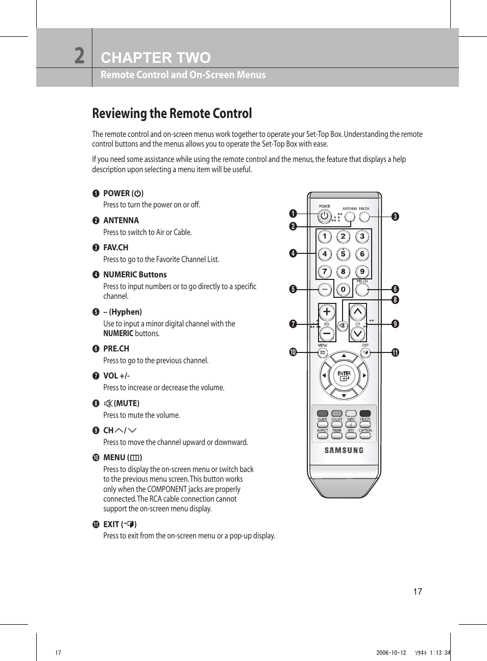 Reviewing the remote control, Chapter two, Remote control and on-screen menus | Samsung DTB-H260F User Manual | Page 11 / 28