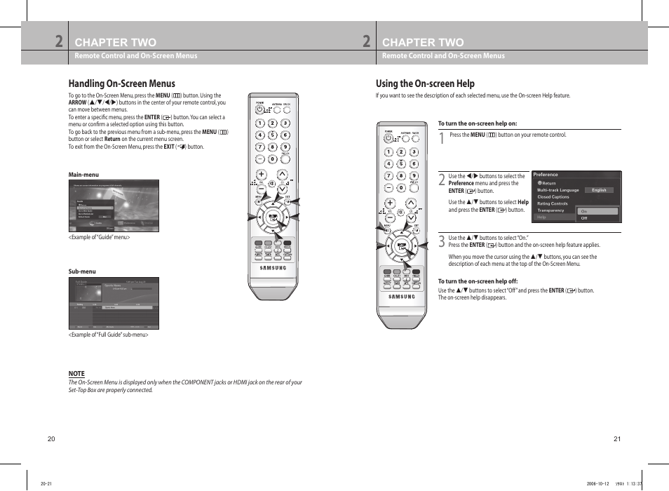 Handling on-screen menus, Using the on-screen help, Handling on-screen menus using the on-screen help | Chapter two | Samsung DTB-H260F User Manual | Page 13 / 28