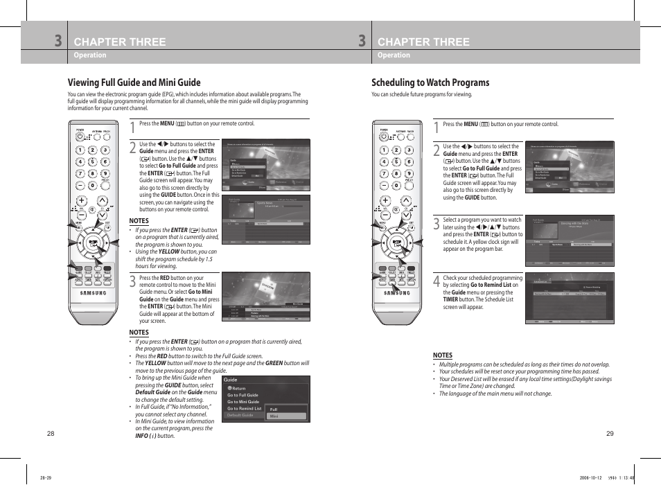 Viewing full guide and mini guide, Scheduling to watch programs, Chapter three | Samsung DTB-H260F User Manual | Page 18 / 28