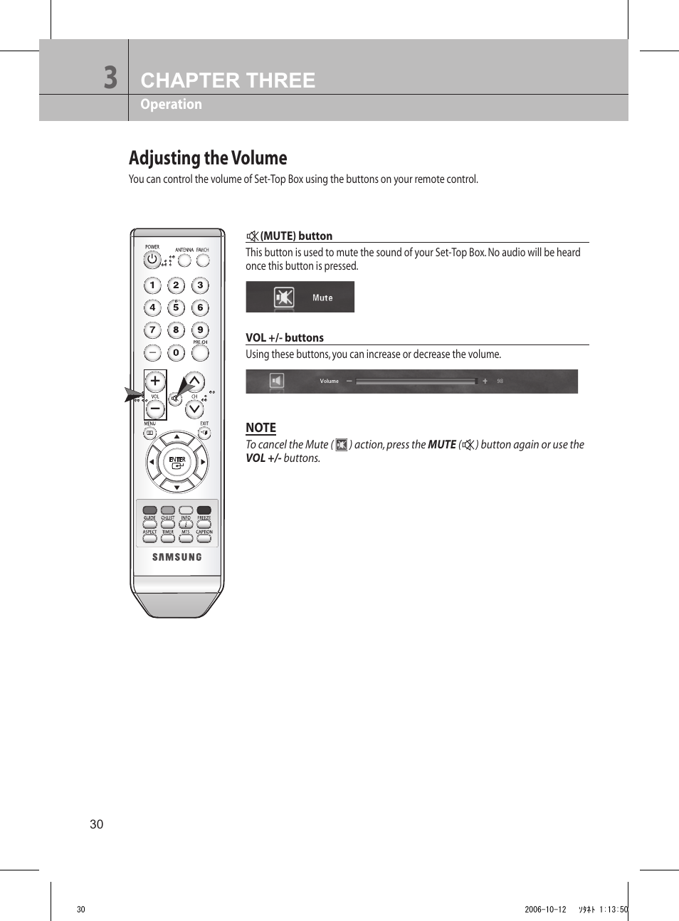 Adjusting the volume, Chapter three | Samsung DTB-H260F User Manual | Page 19 / 28