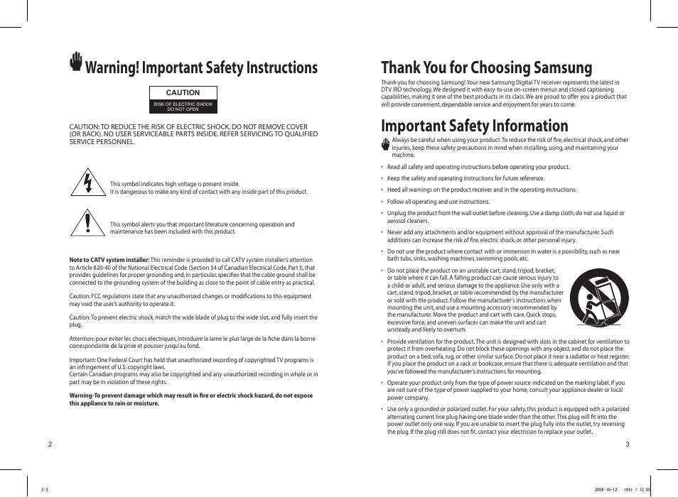 Warning! important safety instructions, Important safety information | Samsung DTB-H260F User Manual | Page 2 / 28