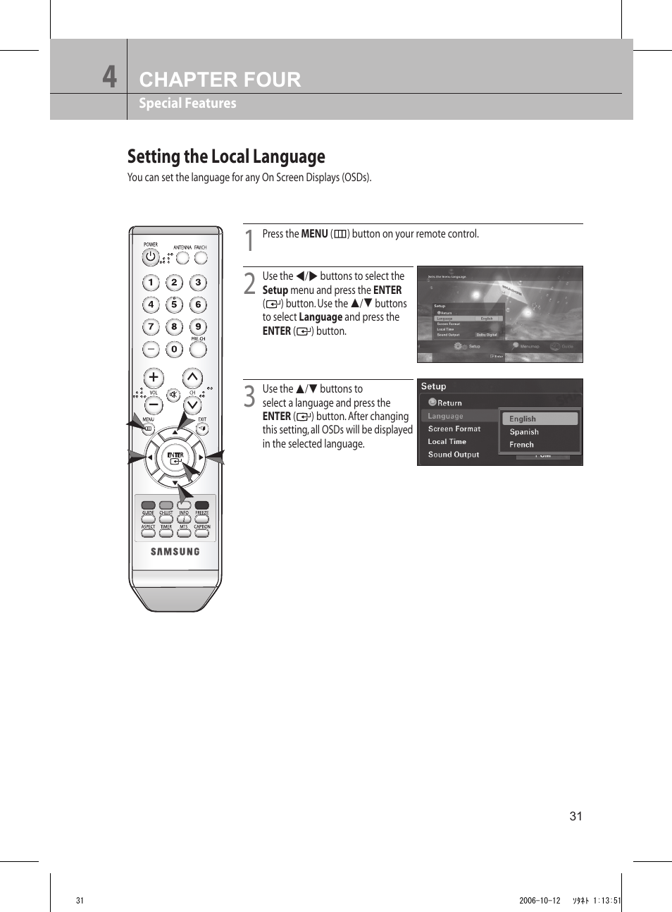 Setting the local language, Chapter four | Samsung DTB-H260F User Manual | Page 20 / 28