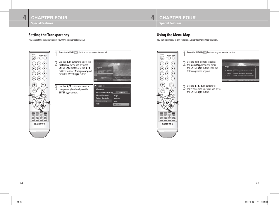 Setting the transparency, Using the menu map, Setting the transparency using the menu map | Chapter four | Samsung DTB-H260F User Manual | Page 27 / 28