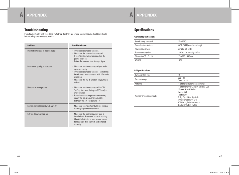 Troubleshooting, Specifications, Troubleshooting speciﬁcations | Appendix, Speciﬁcations | Samsung DTB-H260F User Manual | Page 28 / 28