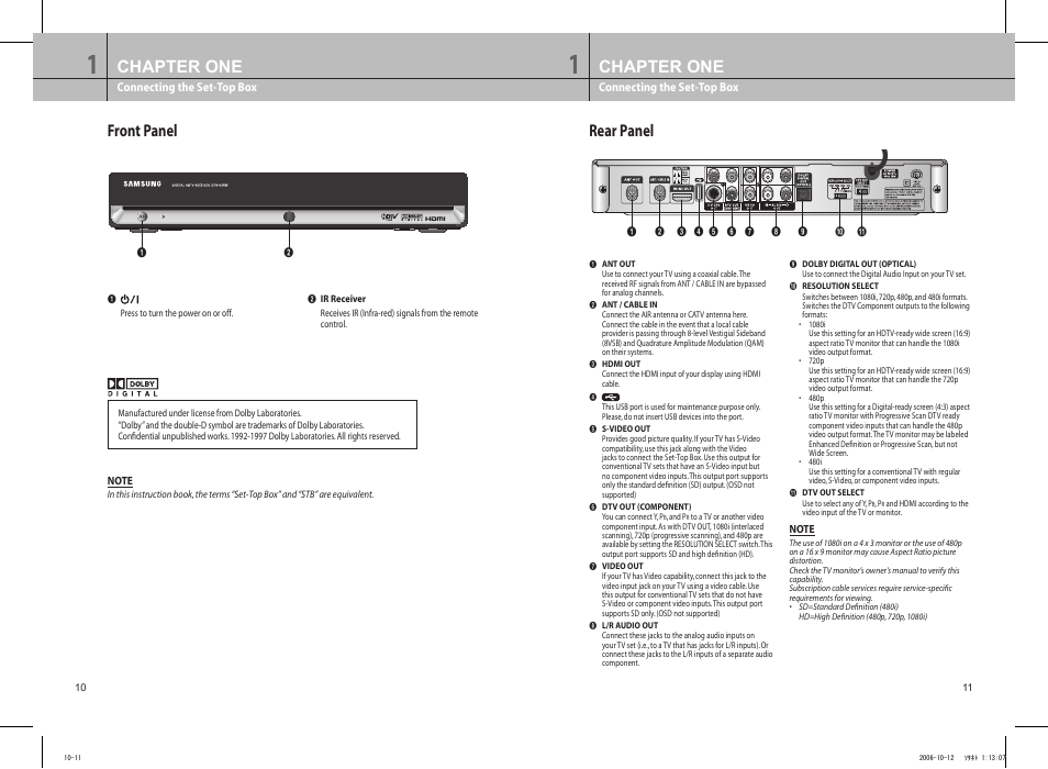 Front panel, Rear panel, Front panel rear panel | Chapter one, Connecting the set-top box | Samsung DTB-H260F User Manual | Page 7 / 28