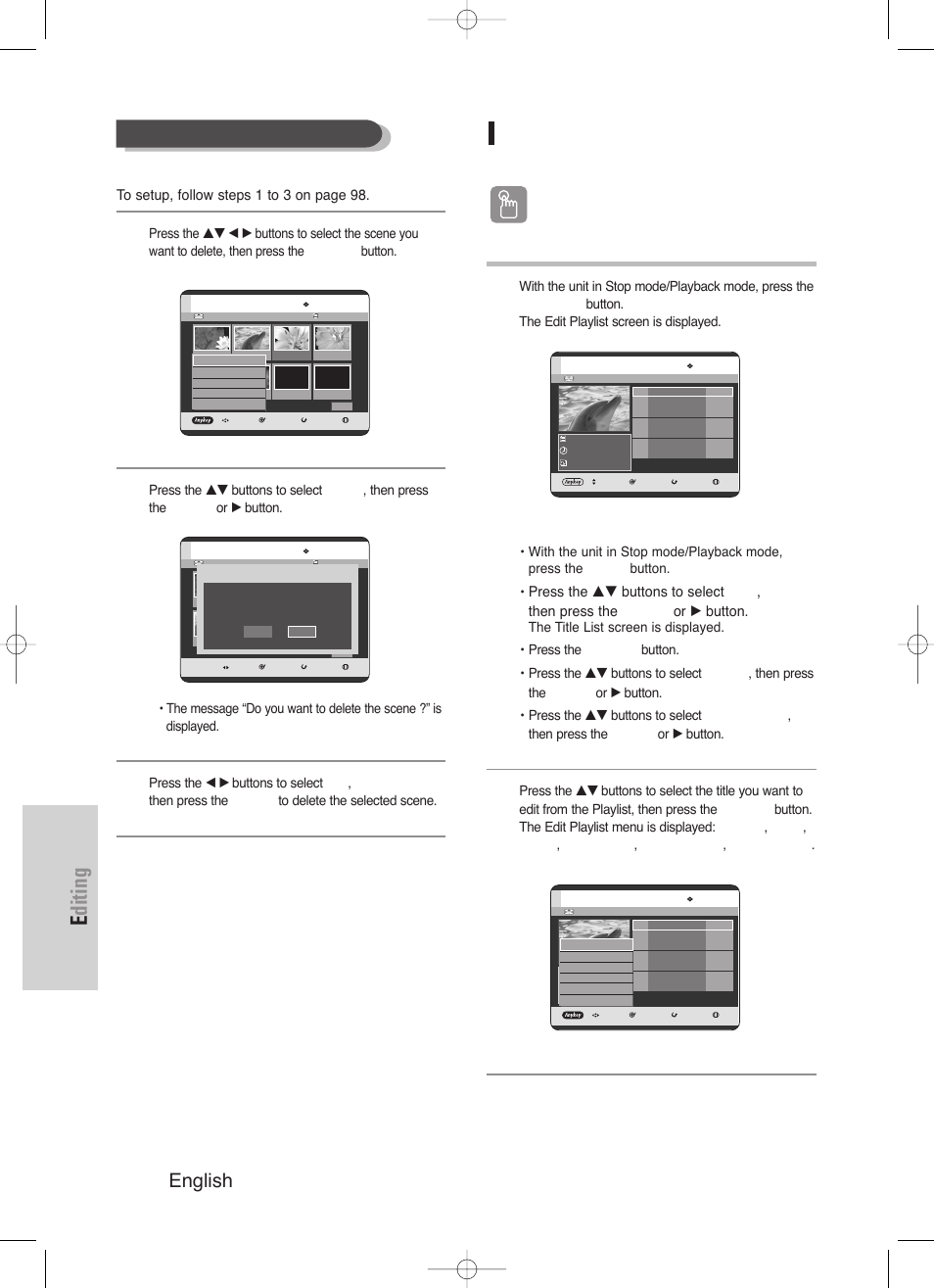 Editing, English, Deleting a playlist entry from the playlist | Using the play list button, Deleting a scene, Using the menu button | Samsung DVD-HR720/ User Manual | Page 102 / 168