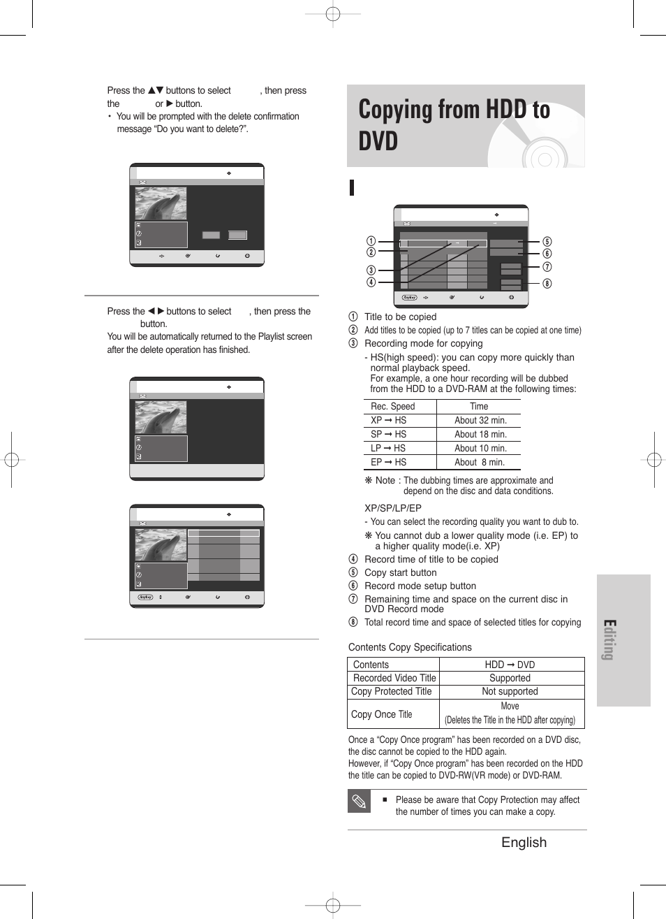 Copying from hdd to dvd, Editing, English - 103 | About the copy screen | Samsung DVD-HR720/ User Manual | Page 103 / 168