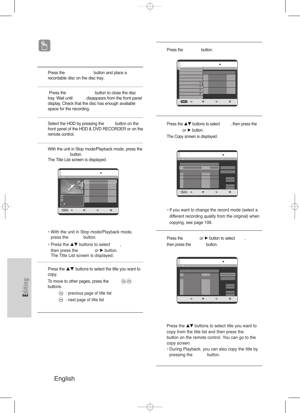 Editing, 104 - english, Using the title list button | About using copy button, Using the menu button | Samsung DVD-HR720/ User Manual | Page 104 / 168