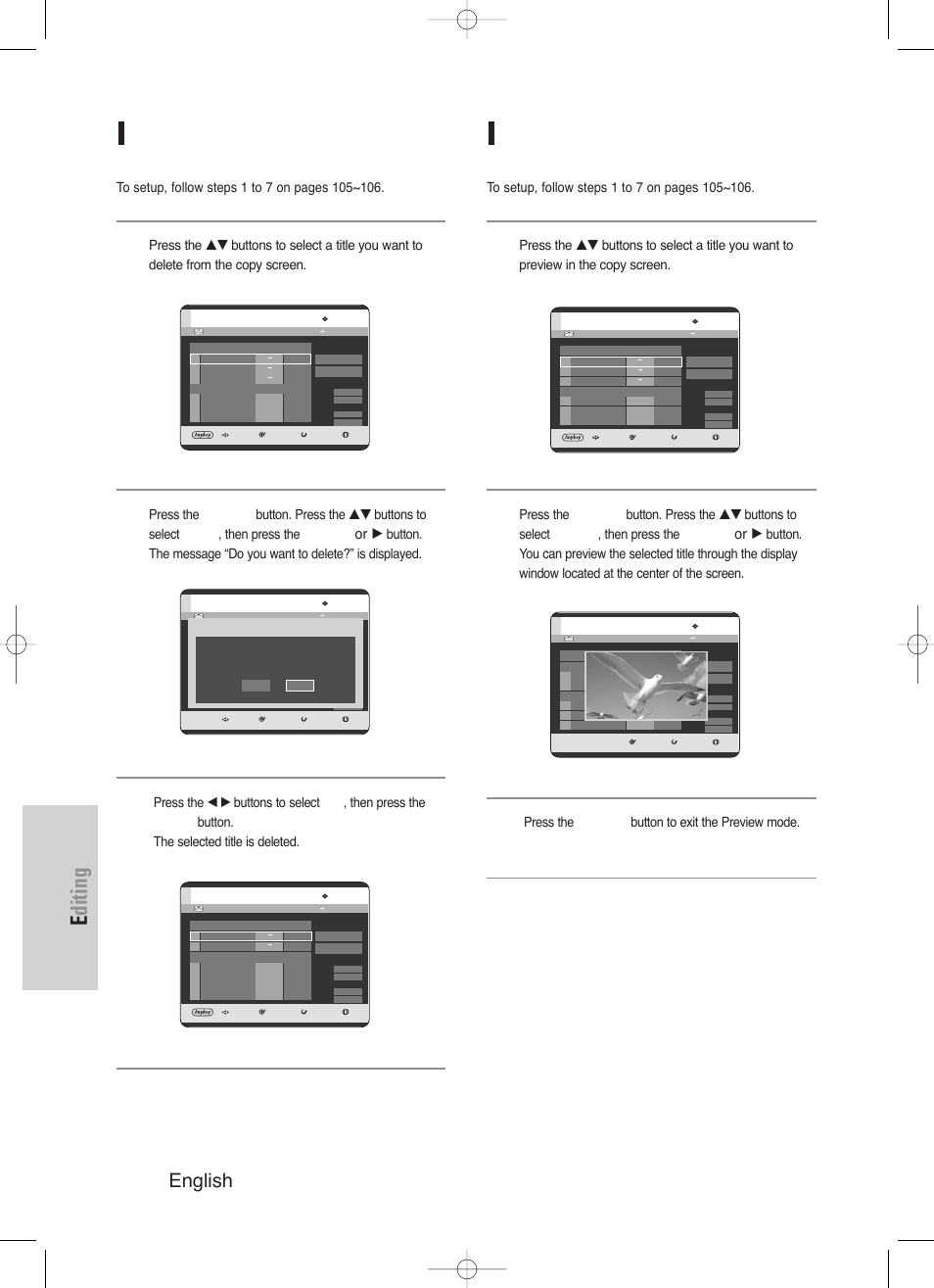 Editing, 108 - english, Deleting an undesired title from the copy list | Previewing a selected title from the copy list, Enter or, Press the return button to exit the preview mode | Samsung DVD-HR720/ User Manual | Page 108 / 168