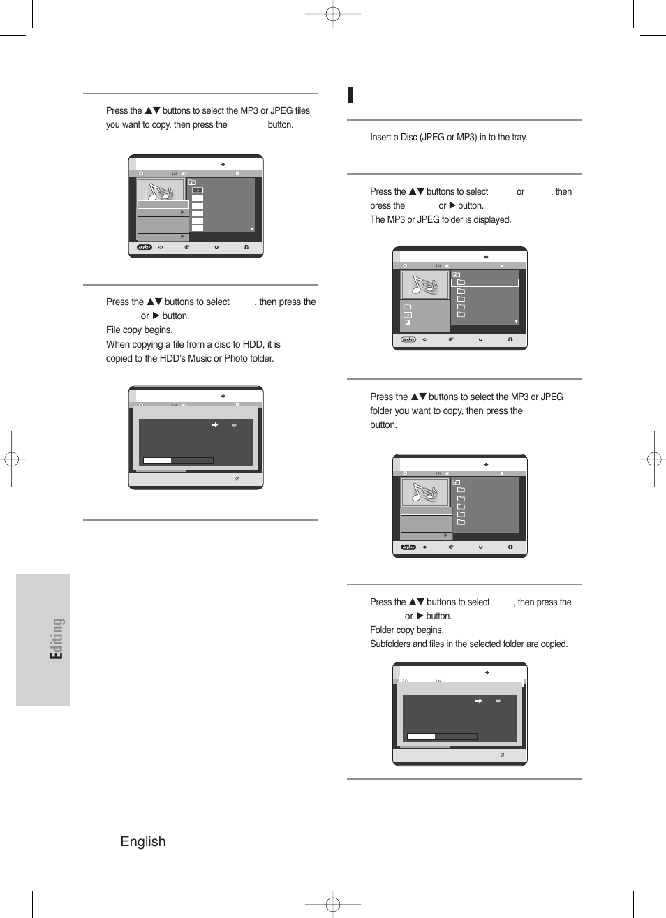 Editing, 112 - english, Folder copy | Insert a disc (jpeg or mp3) in to the tray | Samsung DVD-HR720/ User Manual | Page 112 / 168