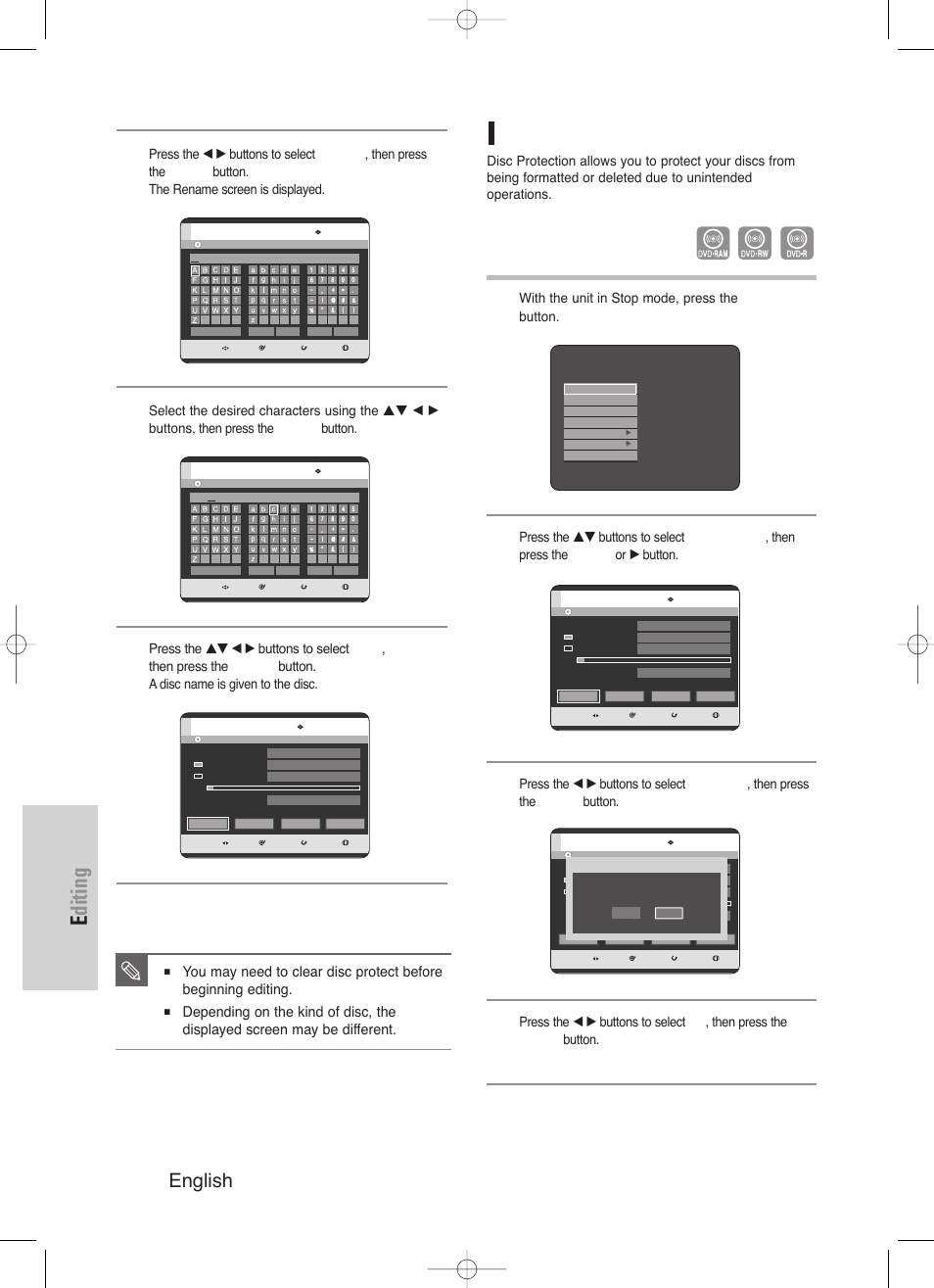 Editing, 114 - english, Disc protection | Samsung DVD-HR720/ User Manual | Page 114 / 168