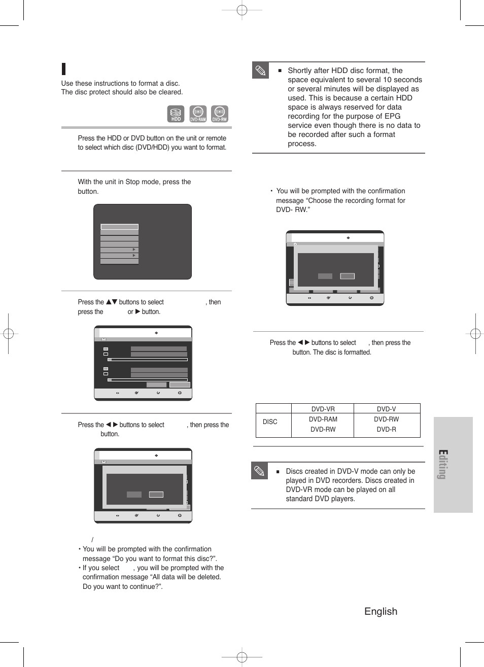 Editing, English - 115, Formatting a disc | Samsung DVD-HR720/ User Manual | Page 115 / 168