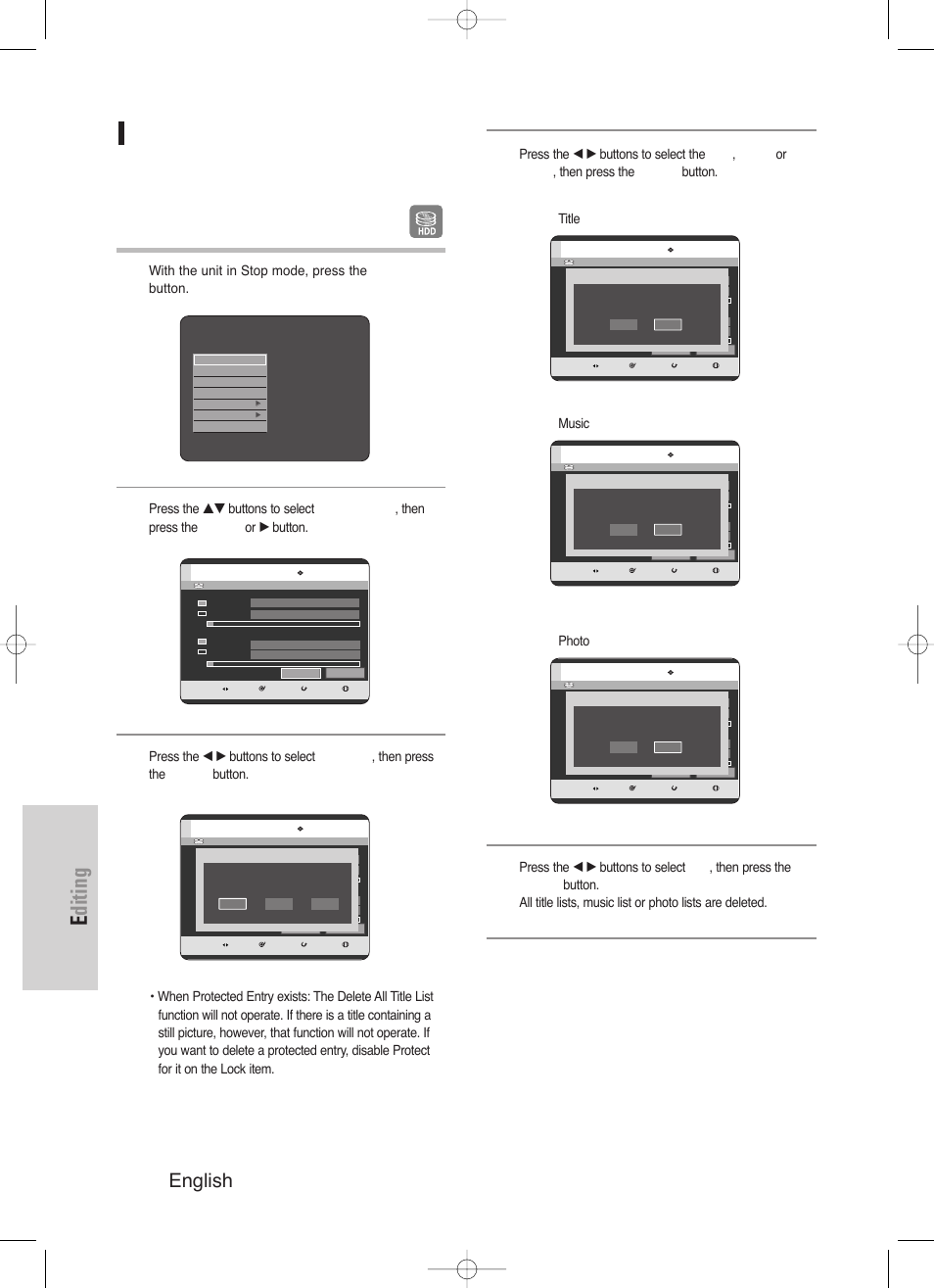 Editing, 116 - english, Delete all title lists/music lists/photo lists | Samsung DVD-HR720/ User Manual | Page 116 / 168