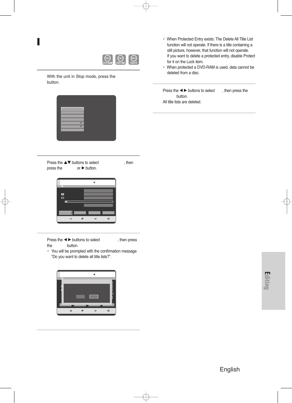 Editing, English - 117, Delete all title lists | Samsung DVD-HR720/ User Manual | Page 117 / 168