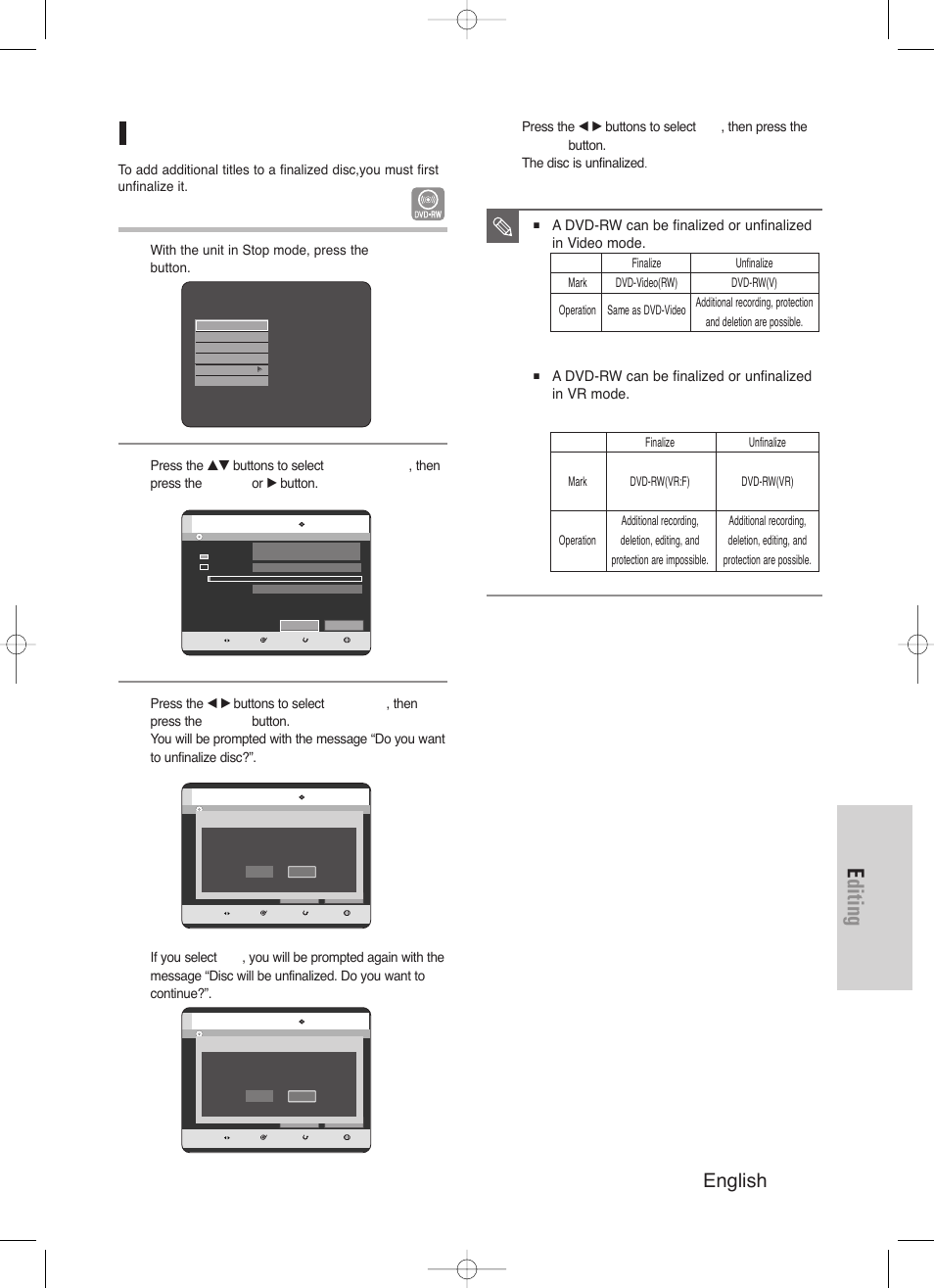 Editing, English - 119, Unfinalizing a disc (v/vr mode) | Samsung DVD-HR720/ User Manual | Page 119 / 168