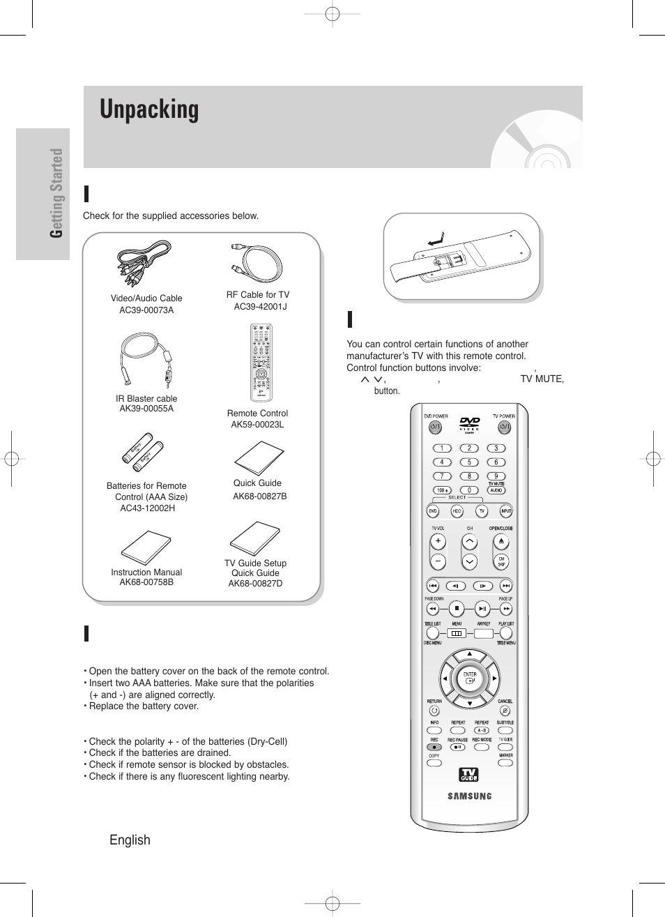 Unpacking, Getting started, 12 - english | Accessories, Preparing the remote control, Setting the remote control | Samsung DVD-HR720/ User Manual | Page 12 / 168