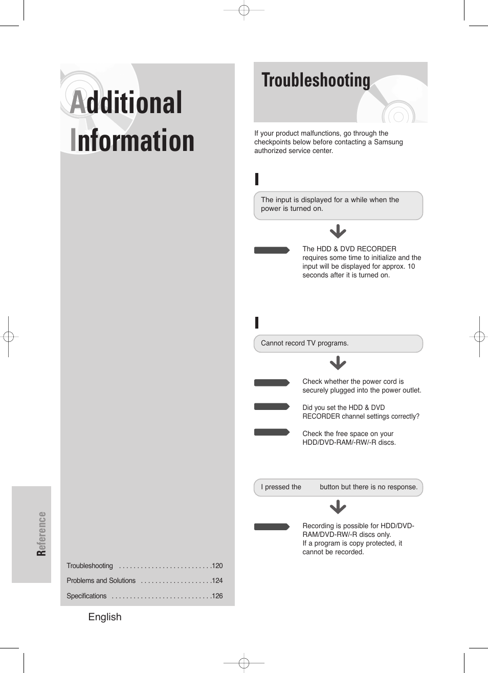 Additional information, Troubleshooting, Additional i nformation | Samsung DVD-HR720/ User Manual | Page 120 / 168