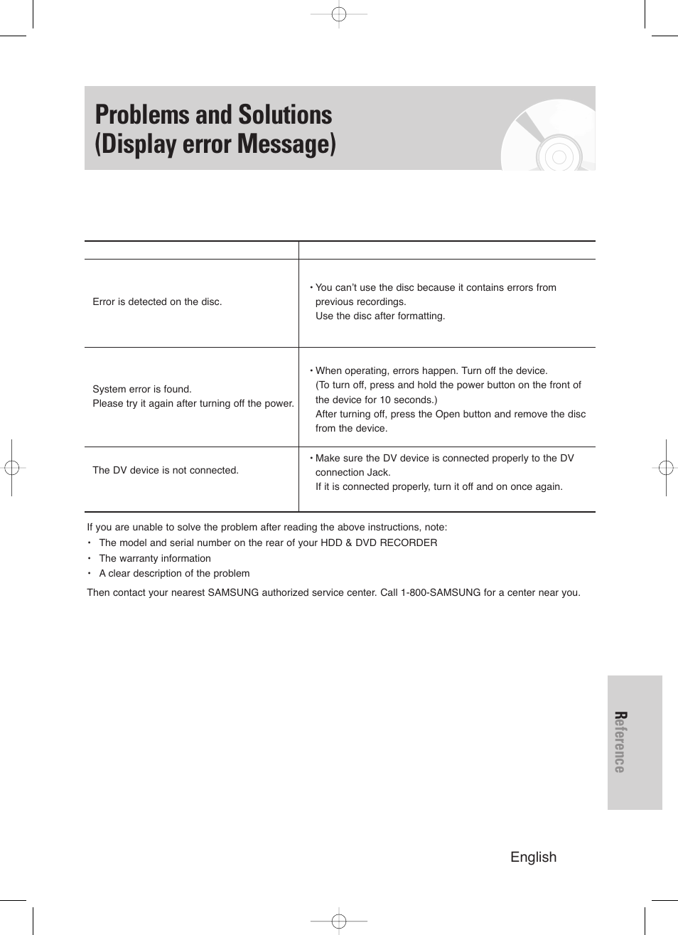 Problems and solutions (display error message), Reference, English - 125 | Samsung DVD-HR720/ User Manual | Page 125 / 168