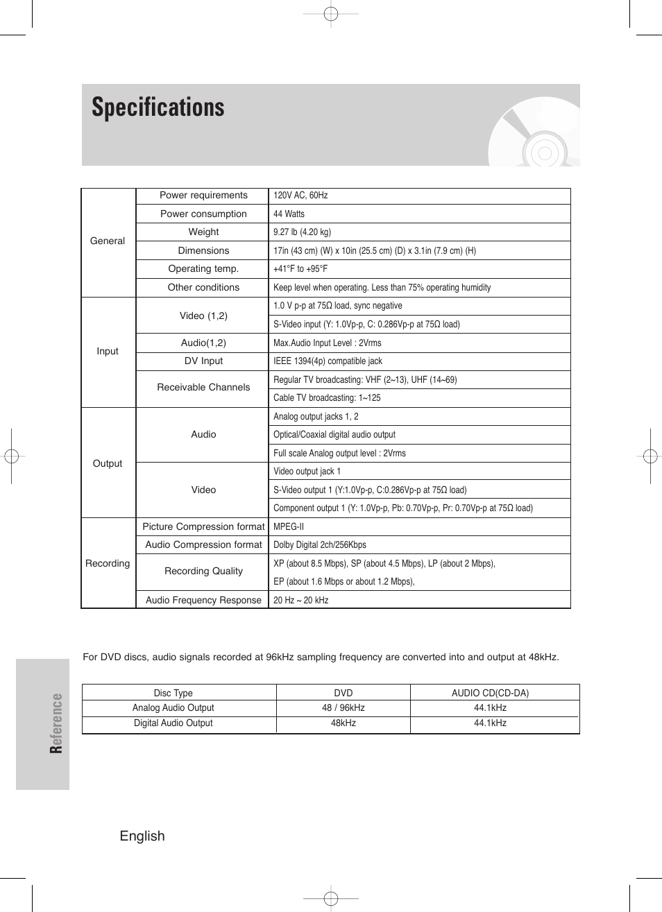 Specifications, Reference, 126 - english | Samsung DVD-HR720/ User Manual | Page 126 / 168