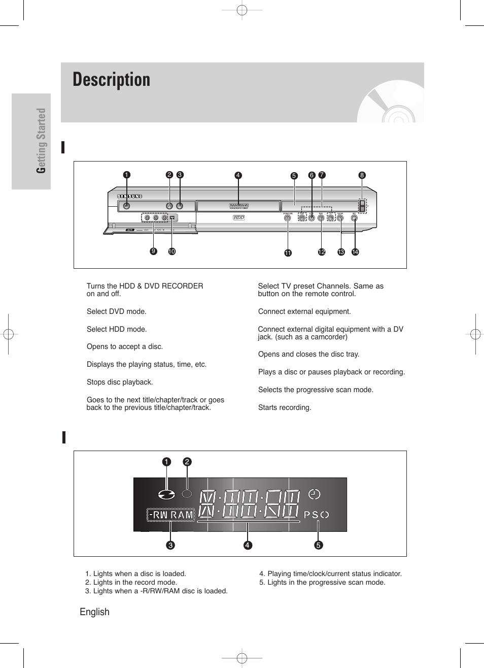 Description, Front panel, Front panel display | Getting started, 14 - english | Samsung DVD-HR720/ User Manual | Page 14 / 168