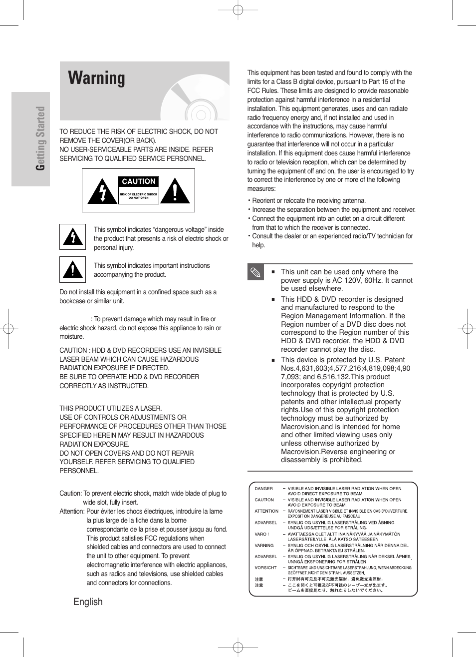 Getting started, Warning, 2 - english | Samsung DVD-HR720/ User Manual | Page 2 / 168