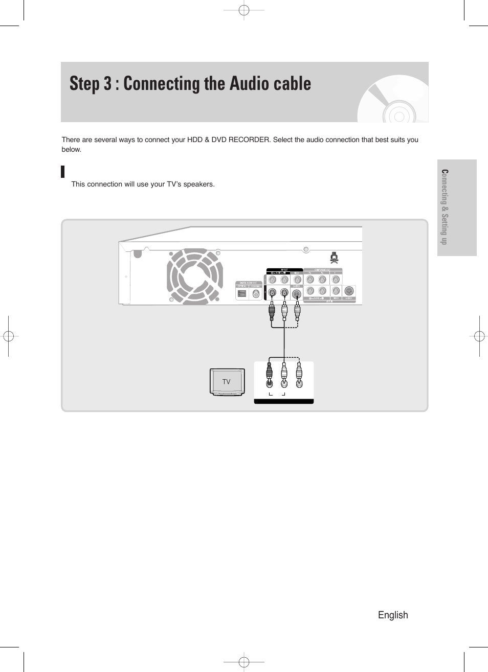 Step 3 : connecting the audio cable, Connecting to your tv, English - 23 | Samsung DVD-HR720/ User Manual | Page 23 / 168