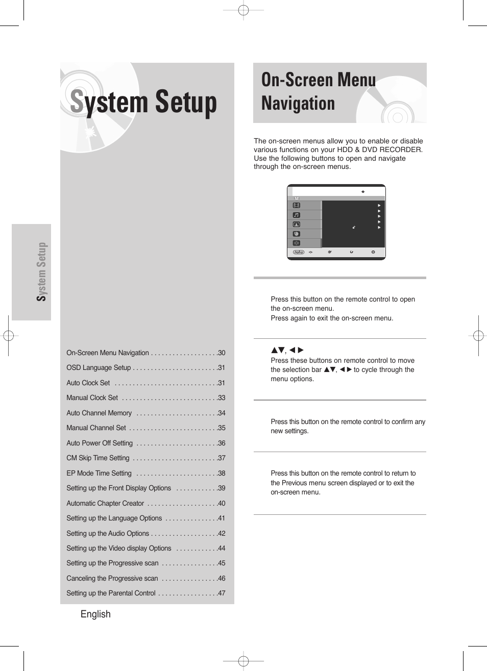 System setup, On-screen menu navigation, 30 - english | Samsung DVD-HR720/ User Manual | Page 30 / 168