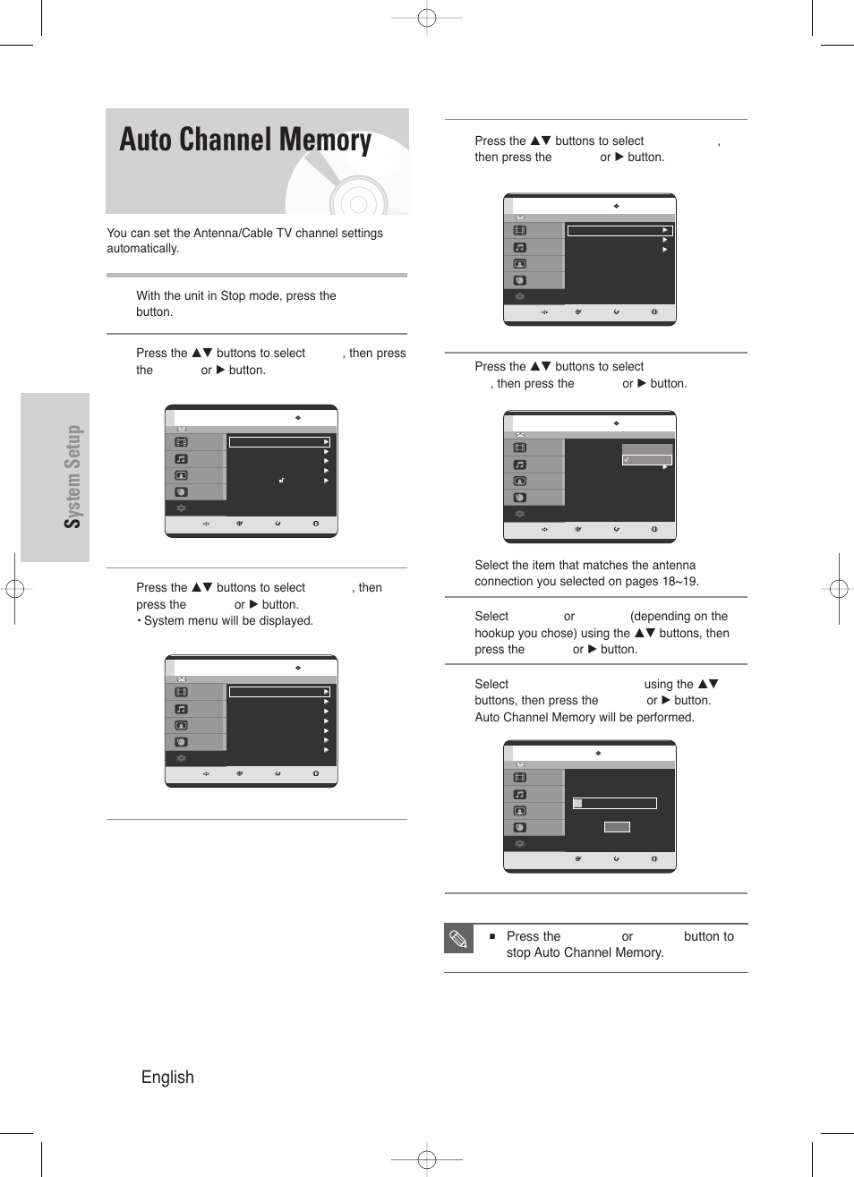 Auto channel memory, System setup, 34 - english | Samsung DVD-HR720/ User Manual | Page 34 / 168