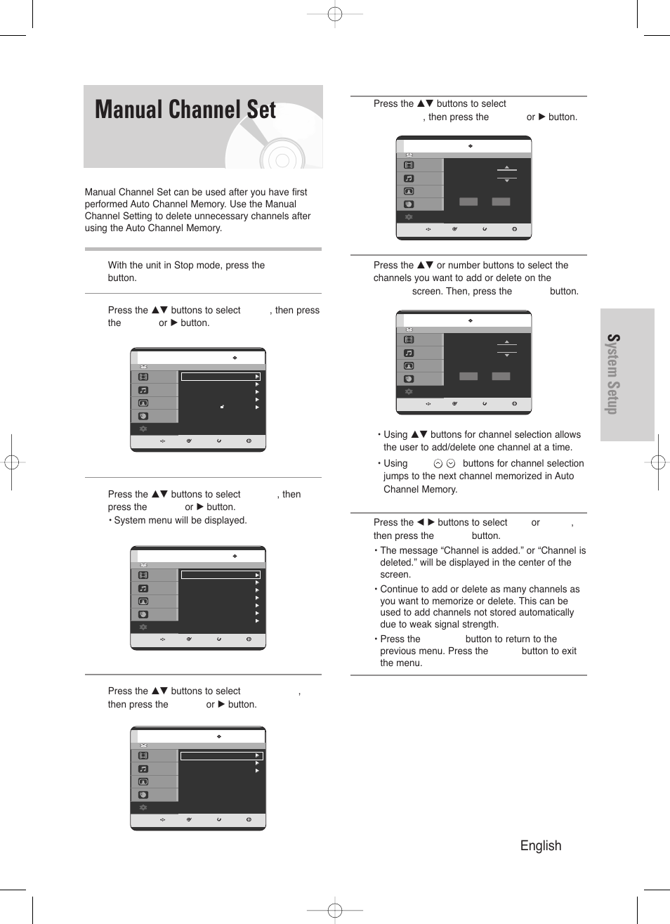 Manual channel set, System setup, English - 35 | Samsung DVD-HR720/ User Manual | Page 35 / 168