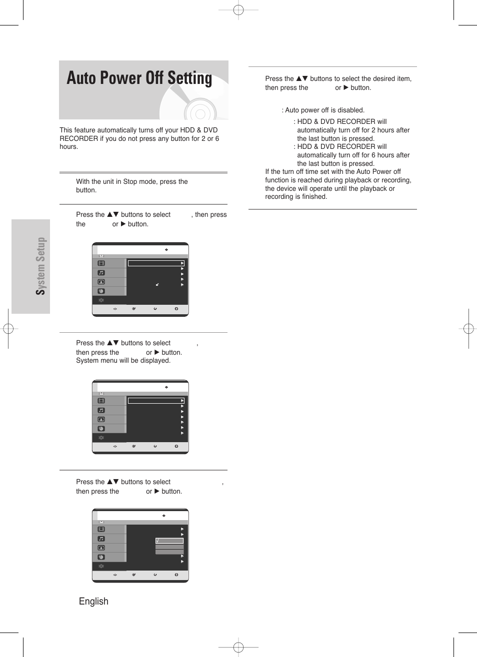 Auto power off setting, System setup, 36 - english | With the unit in stop mode, press the menu button | Samsung DVD-HR720/ User Manual | Page 36 / 168