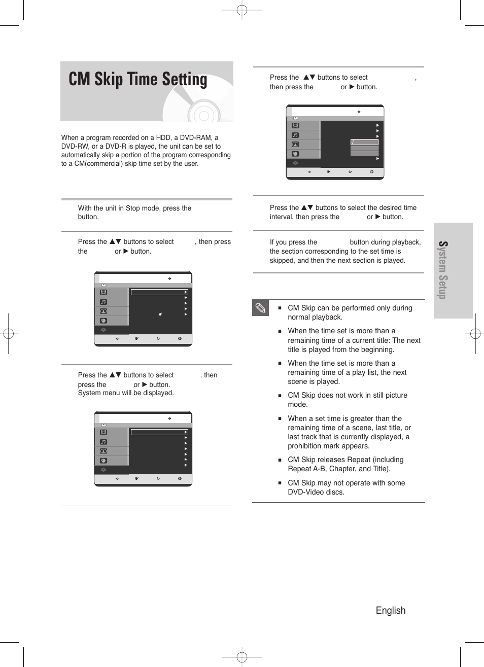 Cm skip time setting, System setup, English - 37 | Cm skip does not work in still picture mode, Cm skip may not operate with some dvd-video discs, With the unit in stop mode, press the menu button | Samsung DVD-HR720/ User Manual | Page 37 / 168