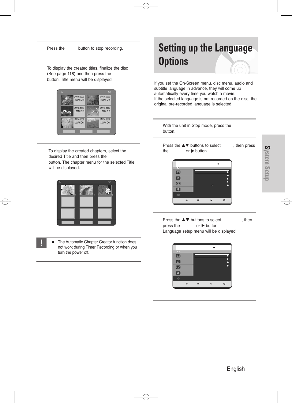 Setting up the language options, System setup, English - 41 | Samsung DVD-HR720/ User Manual | Page 41 / 168