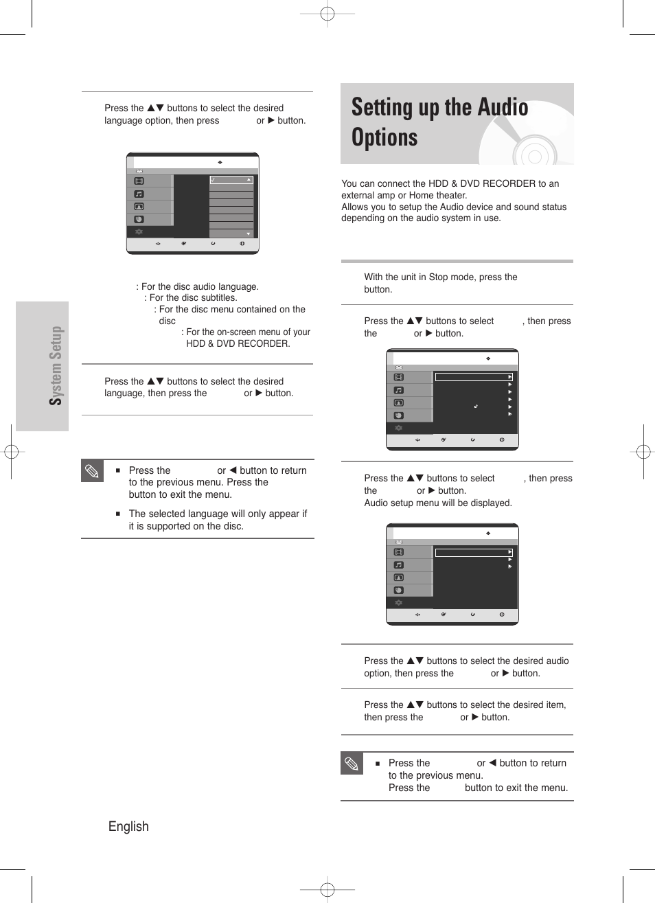 Setting up the audio options, System setup, 42 - english | Samsung DVD-HR720/ User Manual | Page 42 / 168