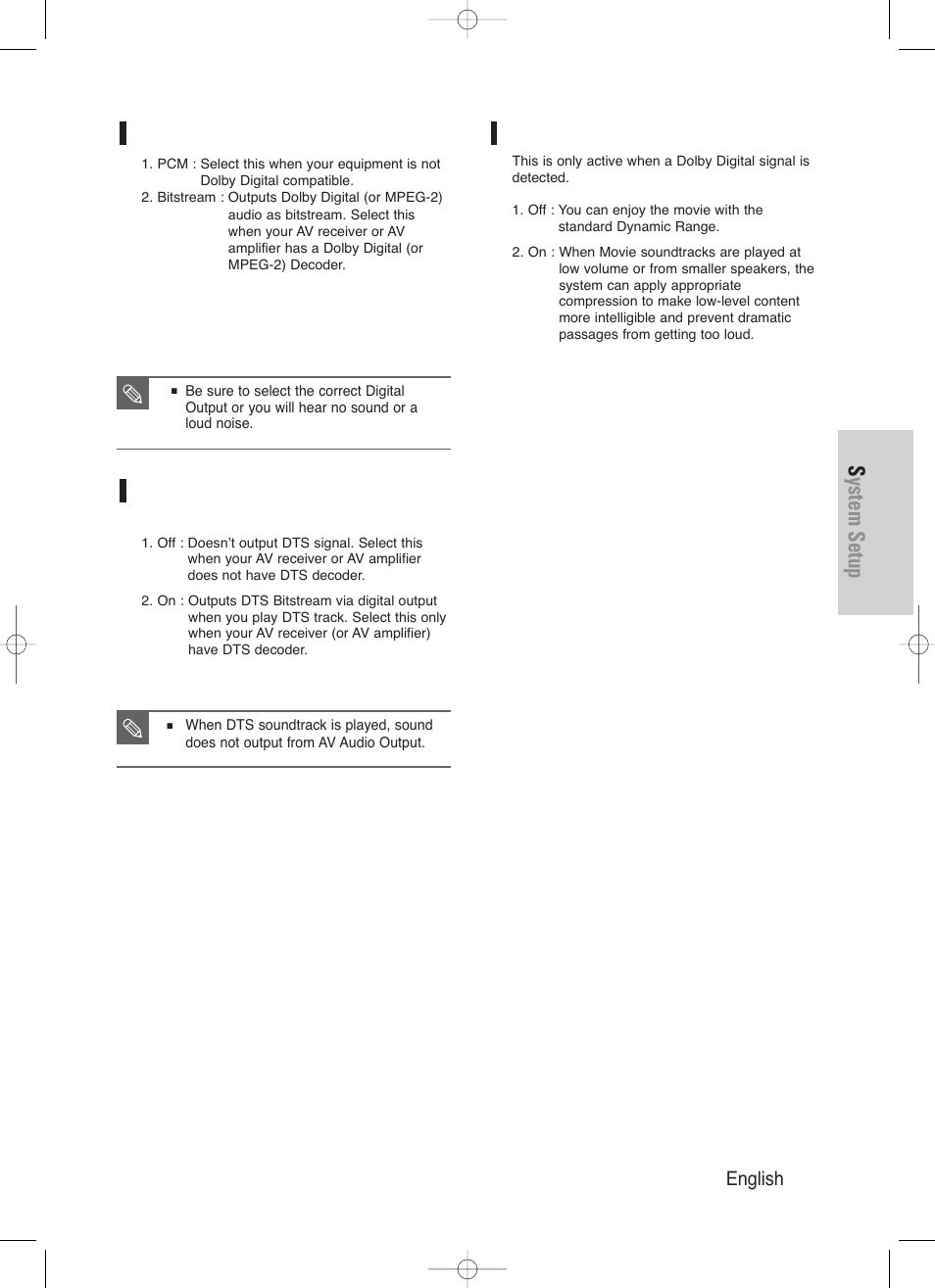 System setup, English - 43, Dynamic compression | Digital output | Samsung DVD-HR720/ User Manual | Page 43 / 168