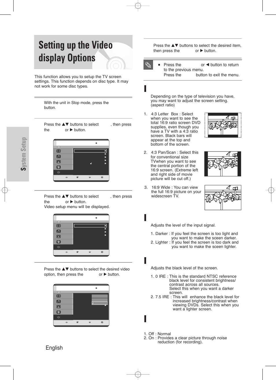 Setting up the video display options, System setup, 44 - english | Tv aspect, Input level, Black level | Samsung DVD-HR720/ User Manual | Page 44 / 168