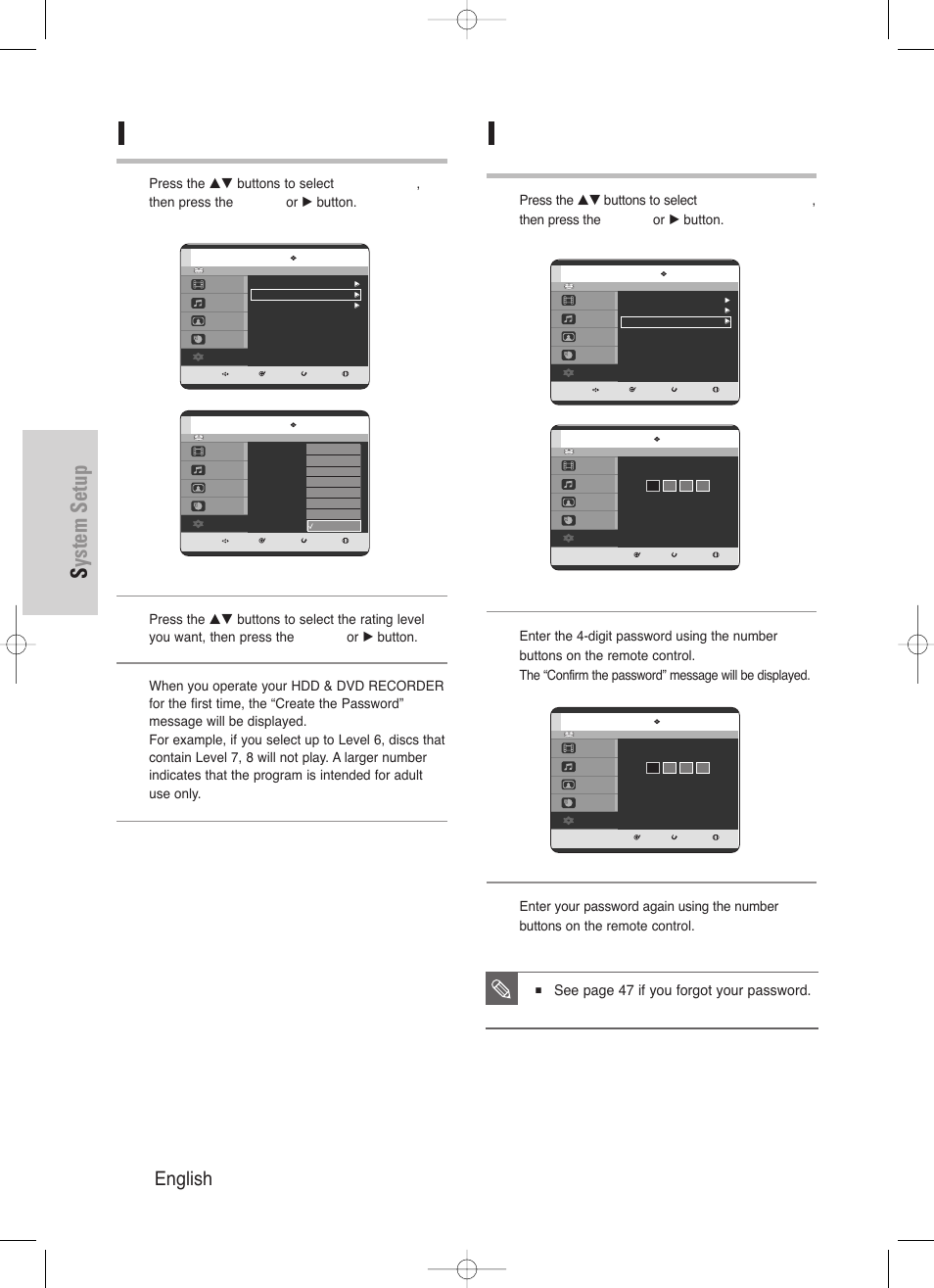 System setup, 48 - english, Changing the password | Setting the rating level, See page 47 if you forgot your password | Samsung DVD-HR720/ User Manual | Page 48 / 168