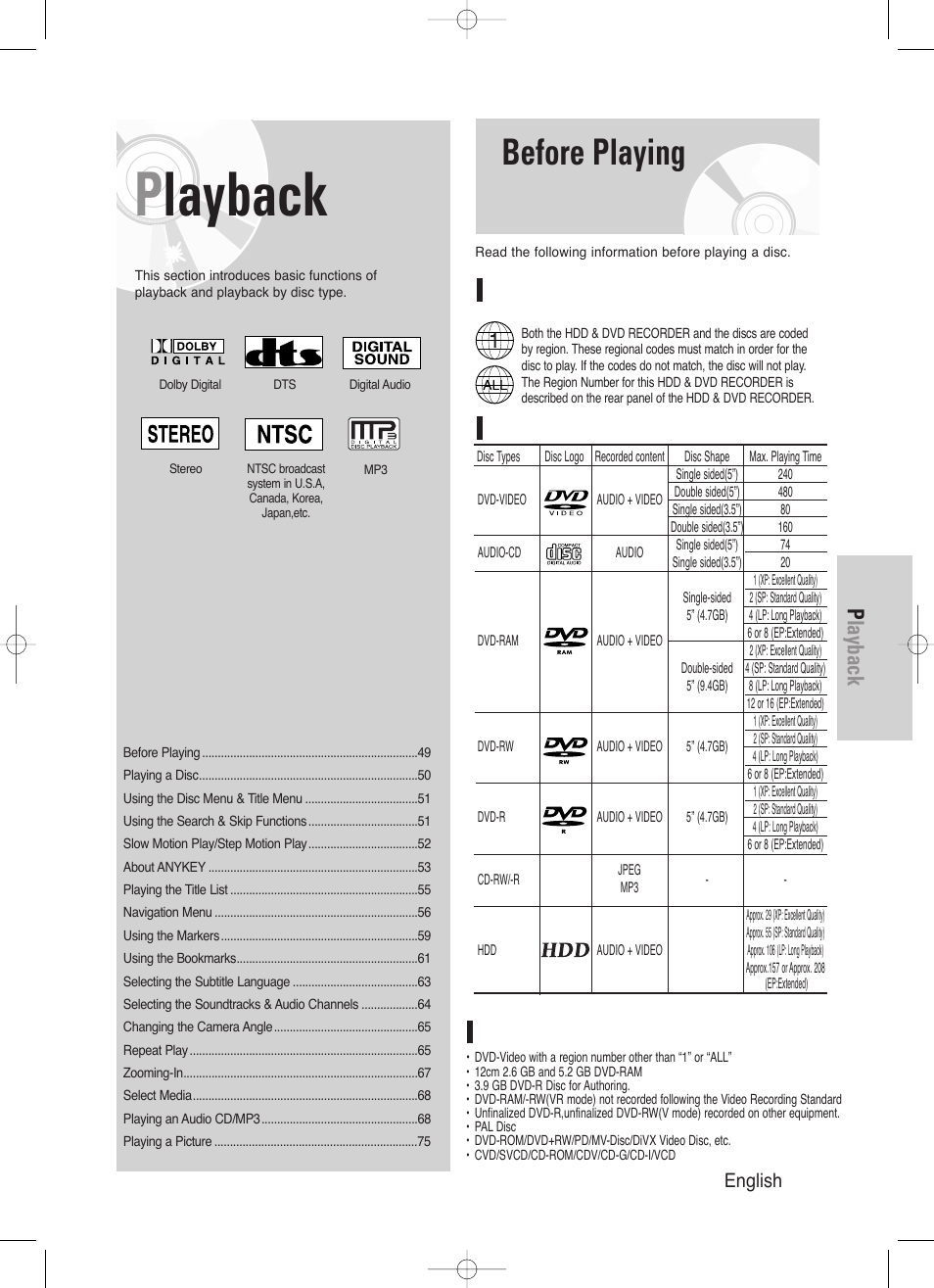 Playback, Before playing, English - 49 | Region code (dvd-video only) | Samsung DVD-HR720/ User Manual | Page 49 / 168