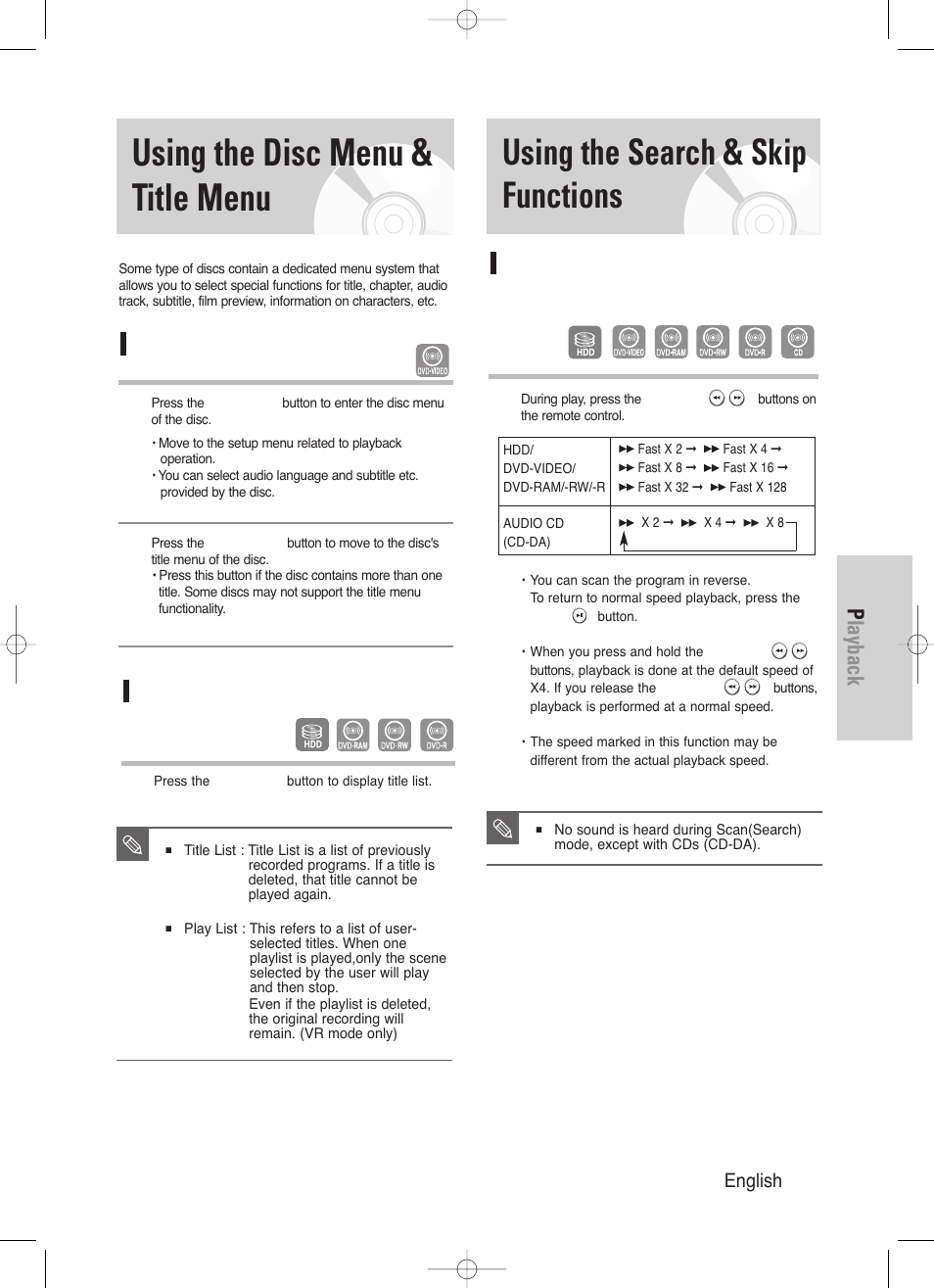 Using the disc menu & title menu, Using the search & skip functions, Playback | English - 51, Searching through a chapter or track, For dvd-video discs, For hdd/dvd-ram/-rw/-r disc | Samsung DVD-HR720/ User Manual | Page 51 / 168