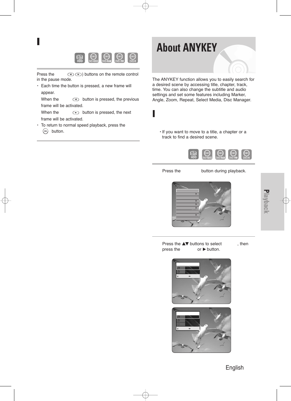 About anykey, Playback, English - 53 | Moving to a scene directly using the anykey, Step motion play | Samsung DVD-HR720/ User Manual | Page 53 / 168